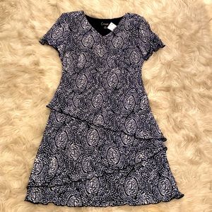 Connected Apparel 6petite Navy blue and white scalloped dress